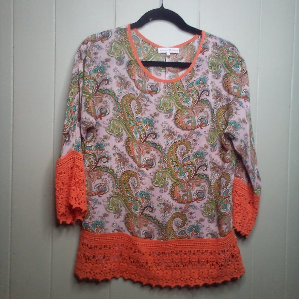 Altar'd State Blouse S Sheer 3/4 Sleeve Crochet Trim Paisley